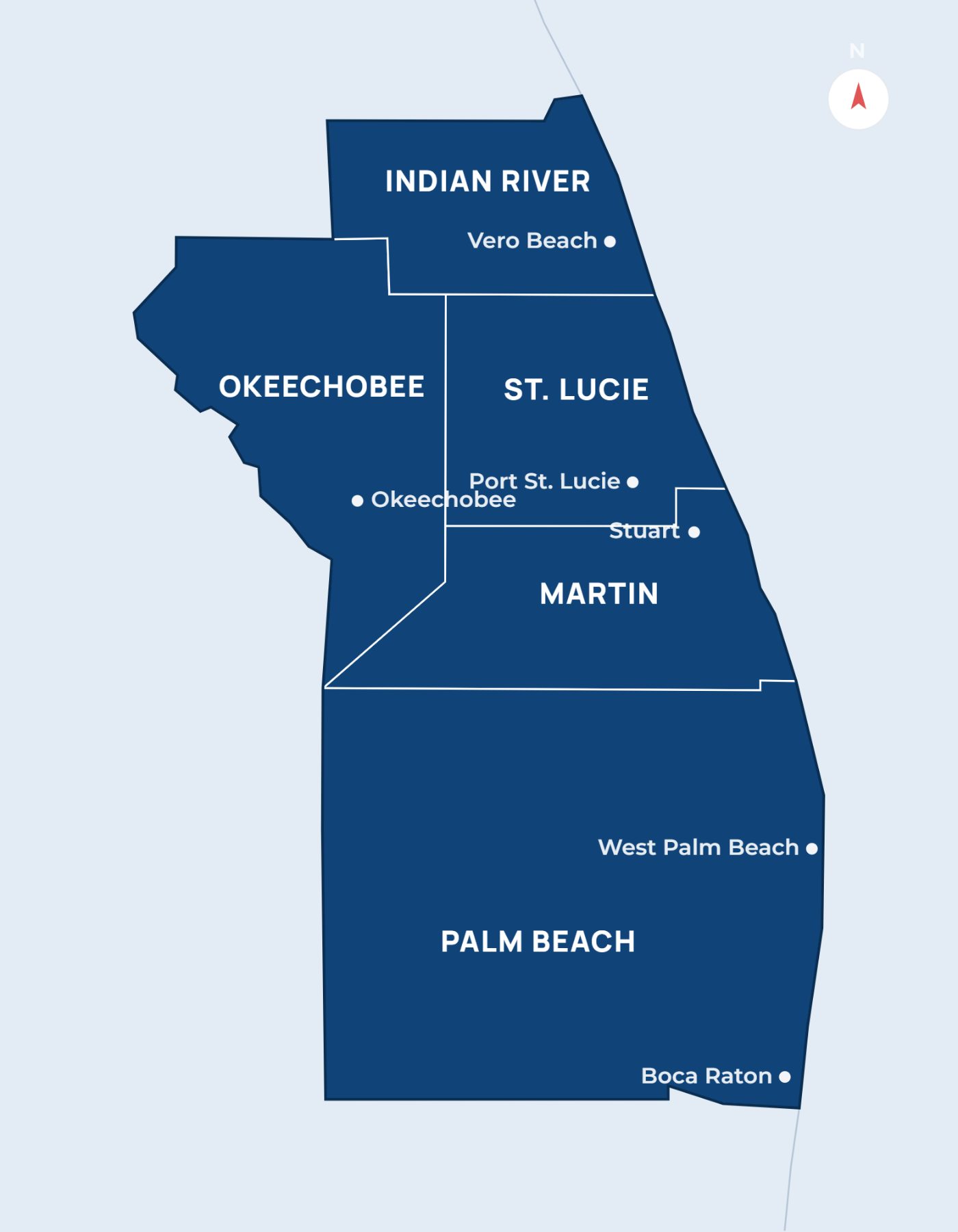 Map of Indian River, Martin, Okeechobee, Palm Beach, and St. Lucie counties in Southeast Florida